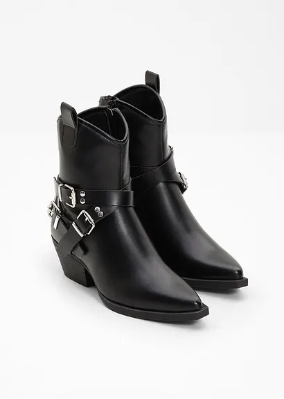 Bonprix Modische Cowboy Stiefelette Mit Dekorativen Schnallen - Schwarz