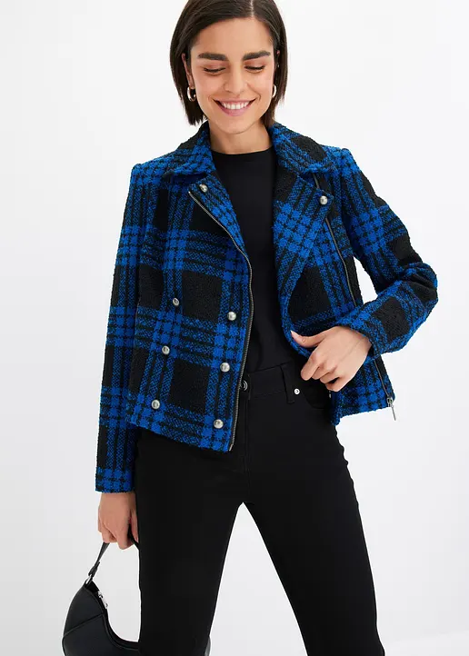 Bonprix Modische Jacke Im Biker-Stil Mit Karo-Muster Und Dekorativen Knöpfen