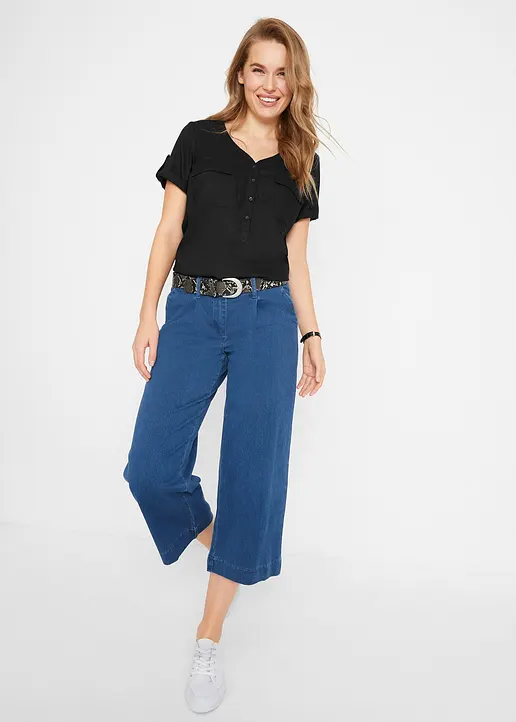 Bonprix Modische Kurzarm-Bluse Aus Viskose Mit Turn-up-Funktion Am Ärmel