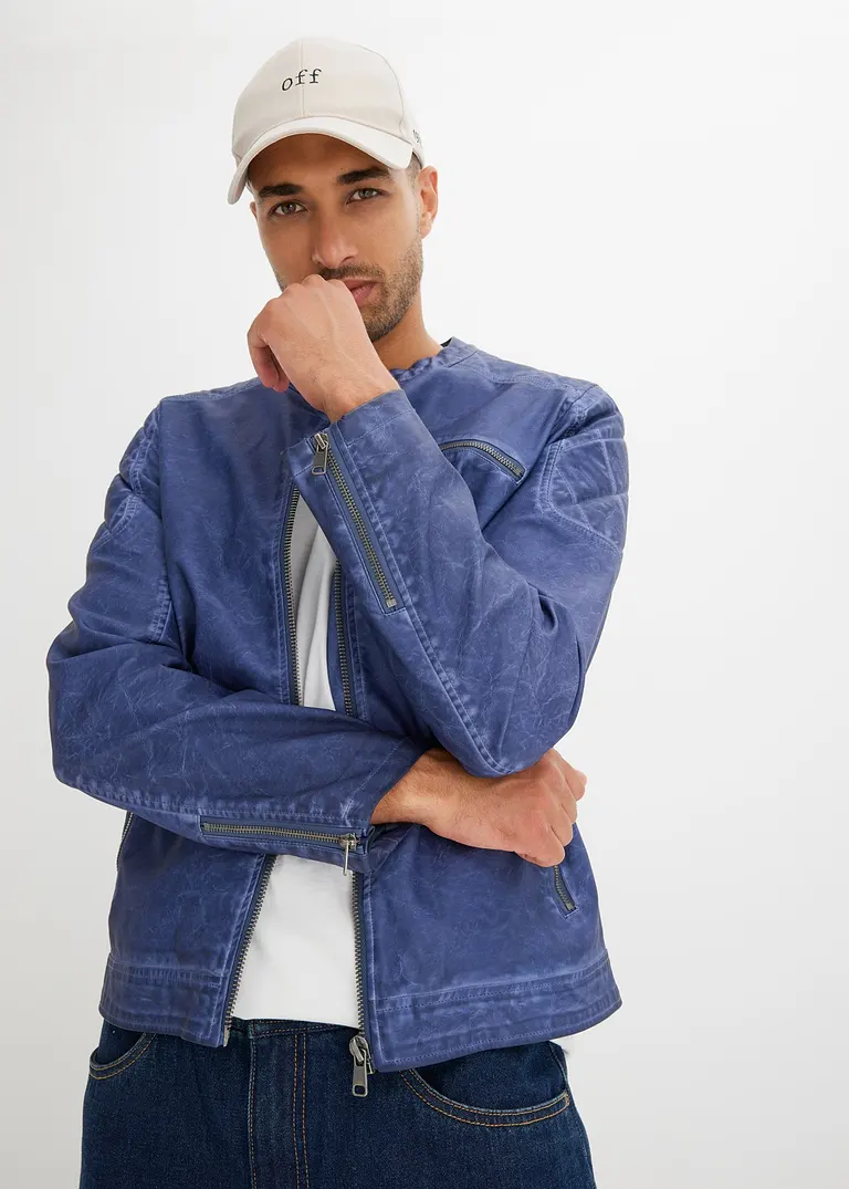 Bonprix Modische Lederimitat-Jacke Im Bikerstil - Blau - Herren