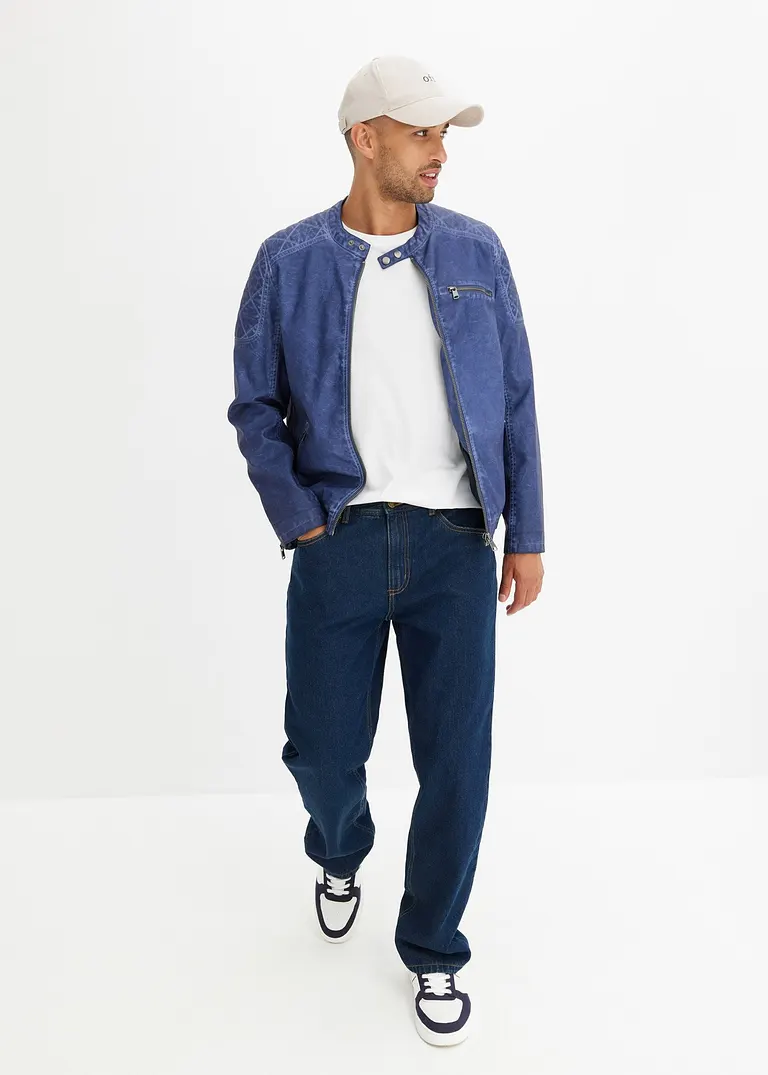 Bonprix Modische Lederimitat-Jacke Im Bikerstil - Blau - Herren