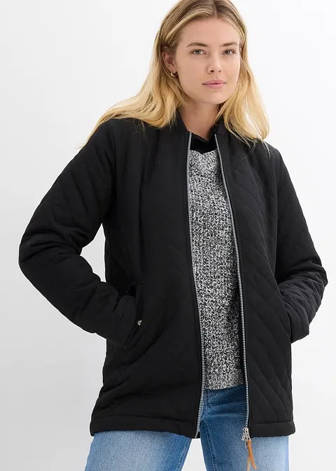 Bonprix Modische Long-Steppjacke Mit Taschen - Schwarz - Damen