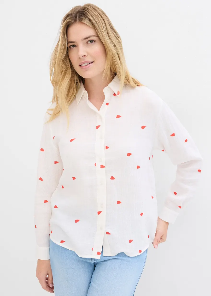 Bonprix Modische Musselin-Bluse Mit Herzmuster - Weiß - Damen