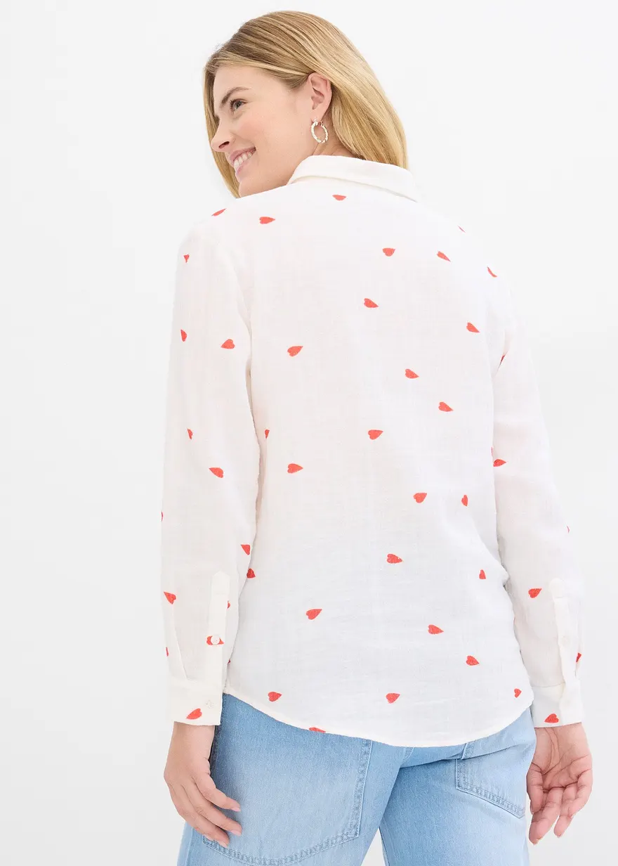 Bonprix Modische Musselin-Bluse Mit Herzmuster - Weiß - Damen