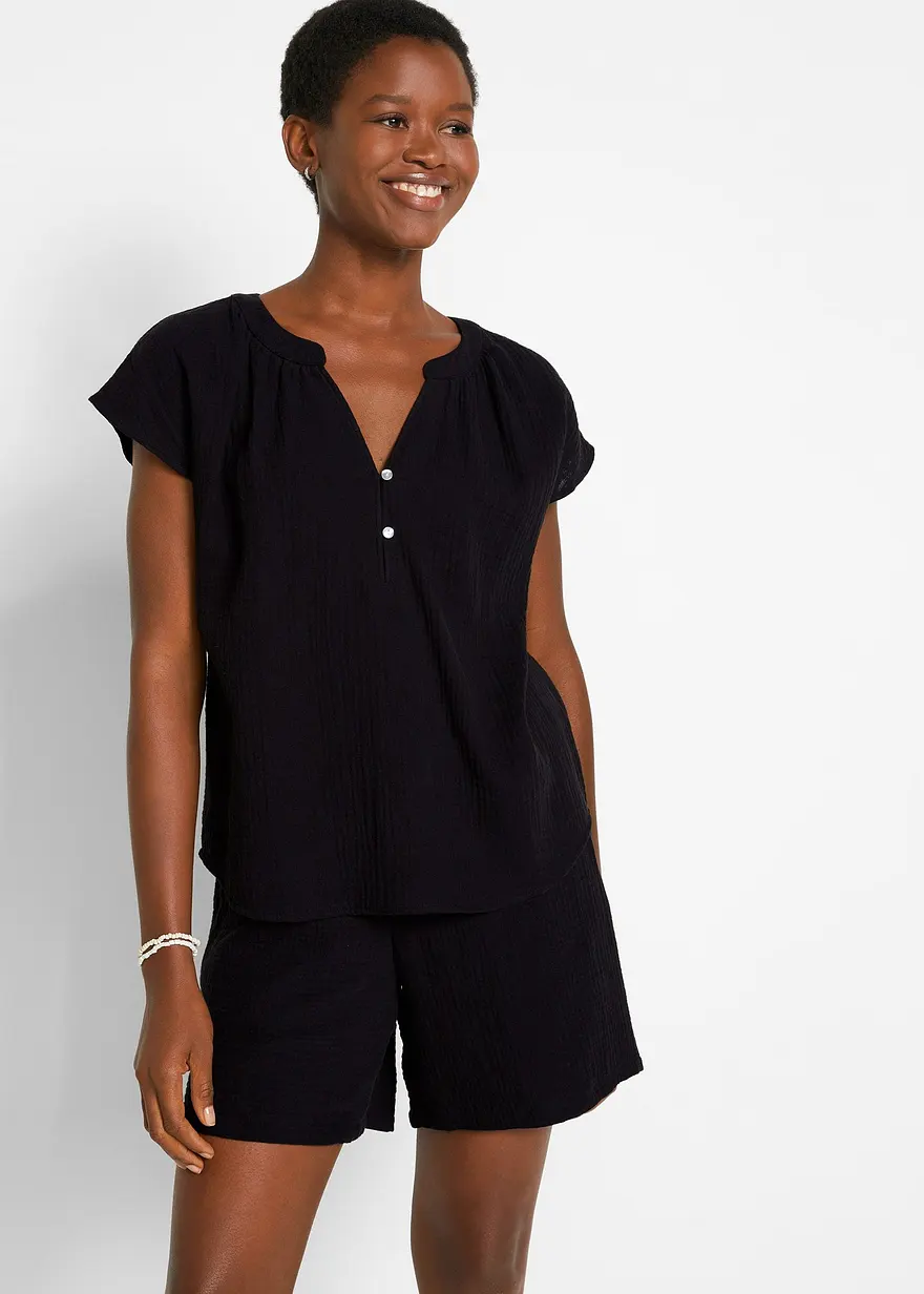 Bonprix Modische Musselin-Bluse Mit V-Ausschnitt Und überschnittenen Schultern