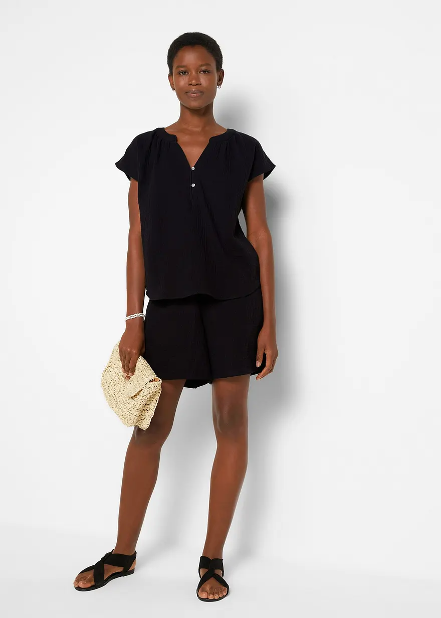 Bonprix Modische Musselin-Bluse Mit V-Ausschnitt Und überschnittenen Schultern