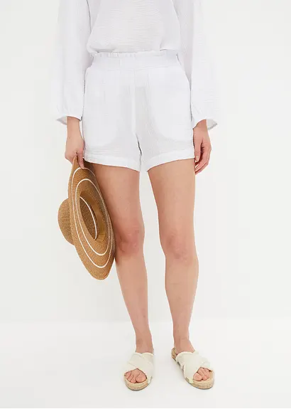Bonprix Modische Musselin-Shorts Mit Bequembund - Weiß - Damen