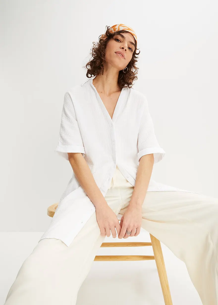 Bonprix Modische Oversize-Bluse Aus Trendigem Baumwoll-Musselin - Weiß