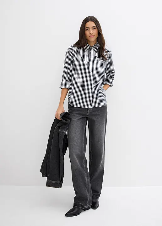 Bonprix Modische Oversized Bluse Mit Knopfleiste - Schwarz