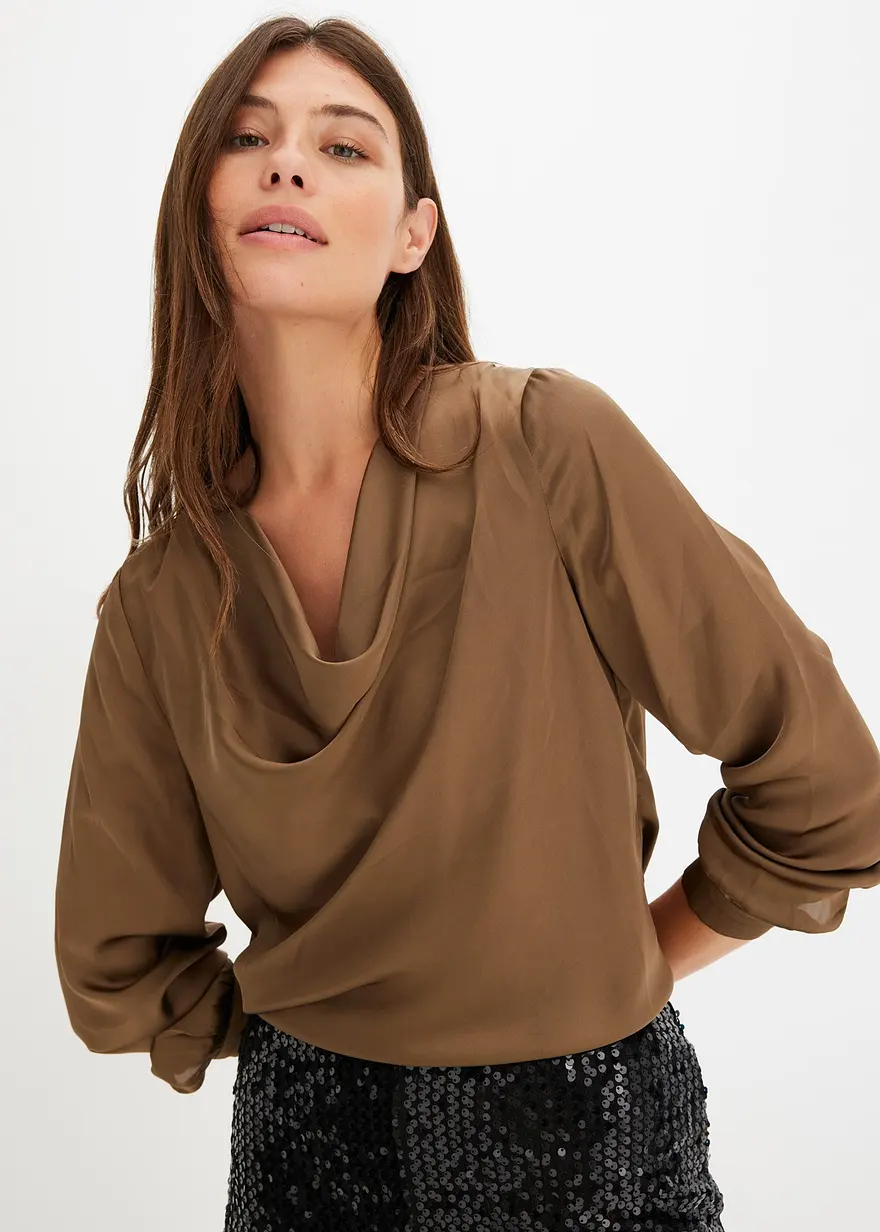 Bonprix Modische Satin-Bluse Mit Wasserfall-Ausschnitt Vorne - Braun