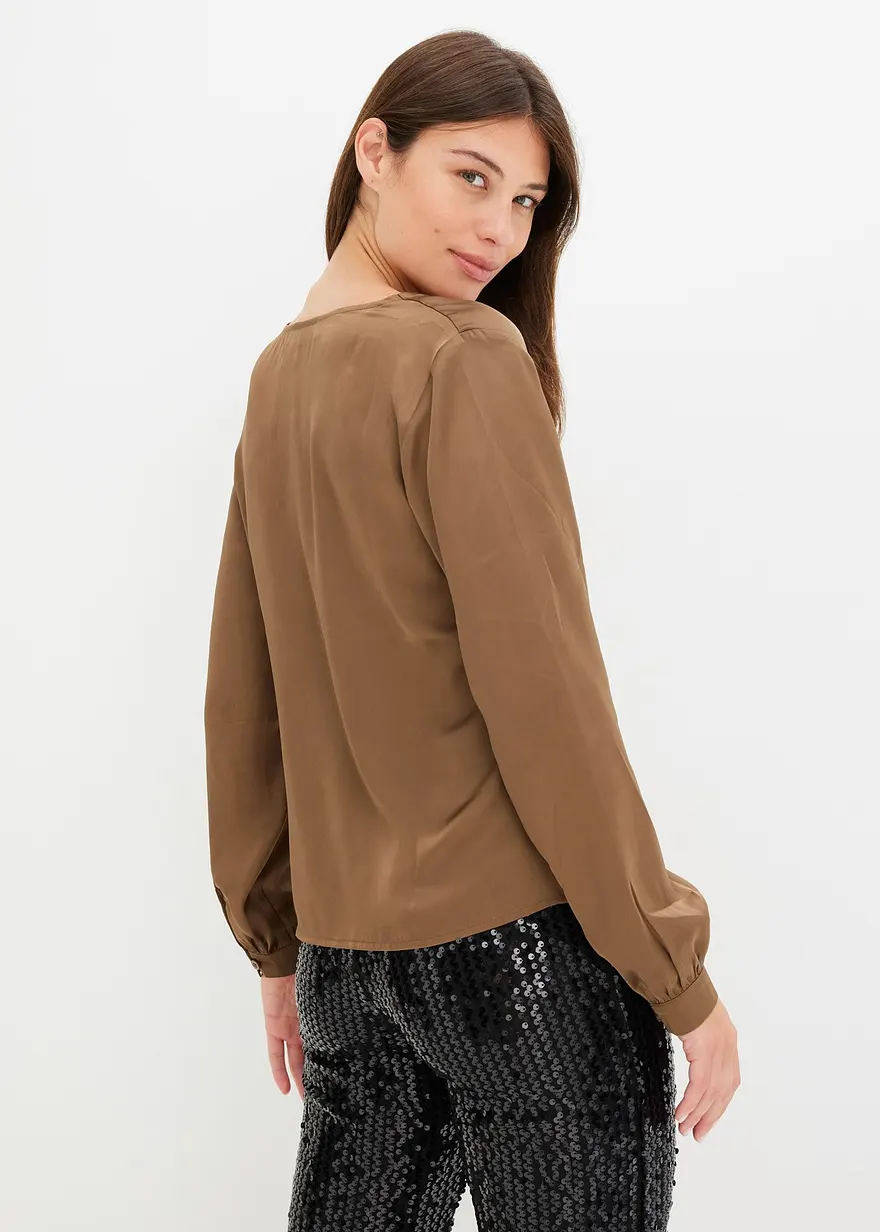 Bonprix Modische Satin-Bluse Mit Wasserfall-Ausschnitt Vorne - Braun