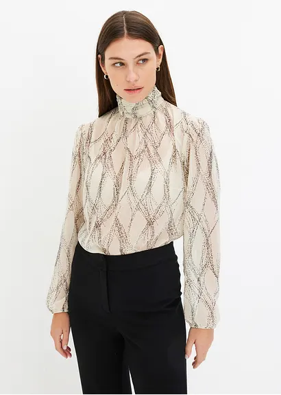 Bonprix Modische Transparente Bluse Mit Stehkragen - Beige