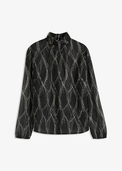 bonprix Modische transparente Bluse mit Stehkragen - schwarz