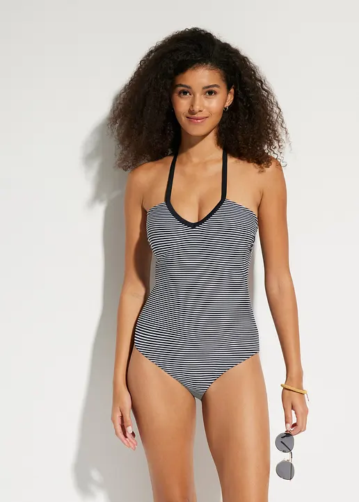 Bonprix Modischer Badeanzug Mit Streifenmuster - Schwarz