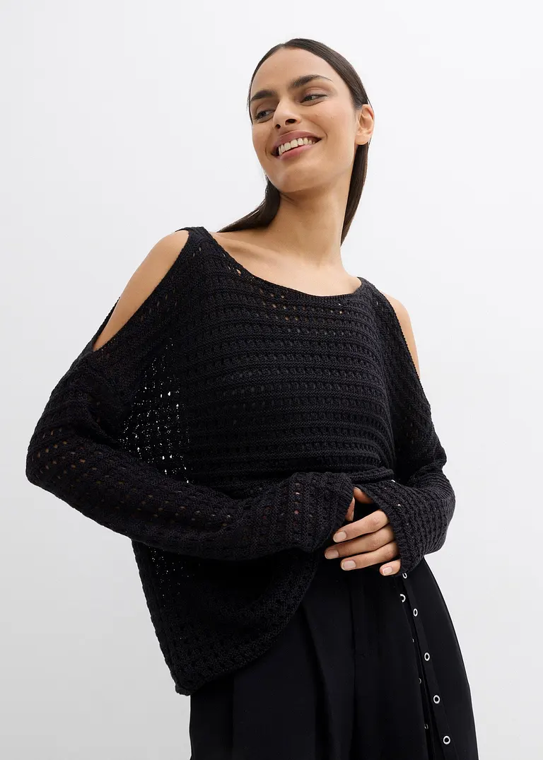 Bonprix Modischer Boxy-Pullover Aus Lochspitze Mit Cut-Outs - Schwarz