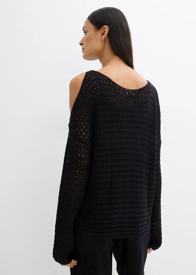 Bonprix Modischer Boxy-Pullover Aus Lochspitze Mit Cut-Outs - Schwarz