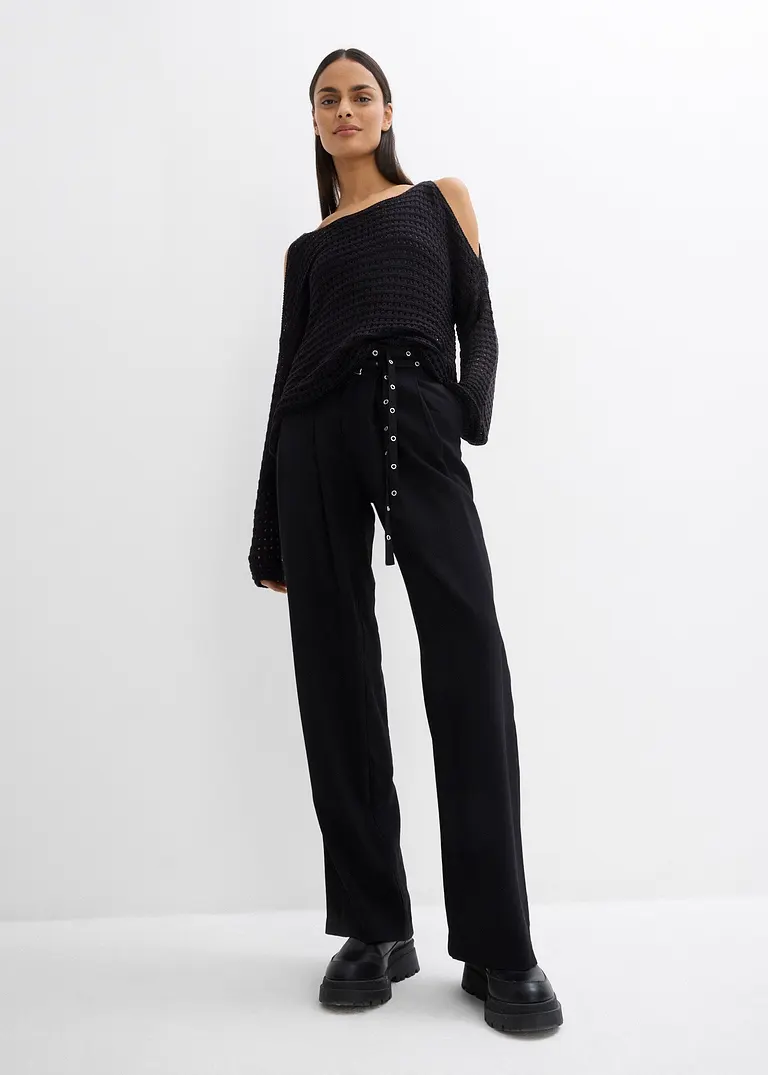 Bonprix Modischer Boxy-Pullover Aus Lochspitze Mit Cut-Outs - Schwarz