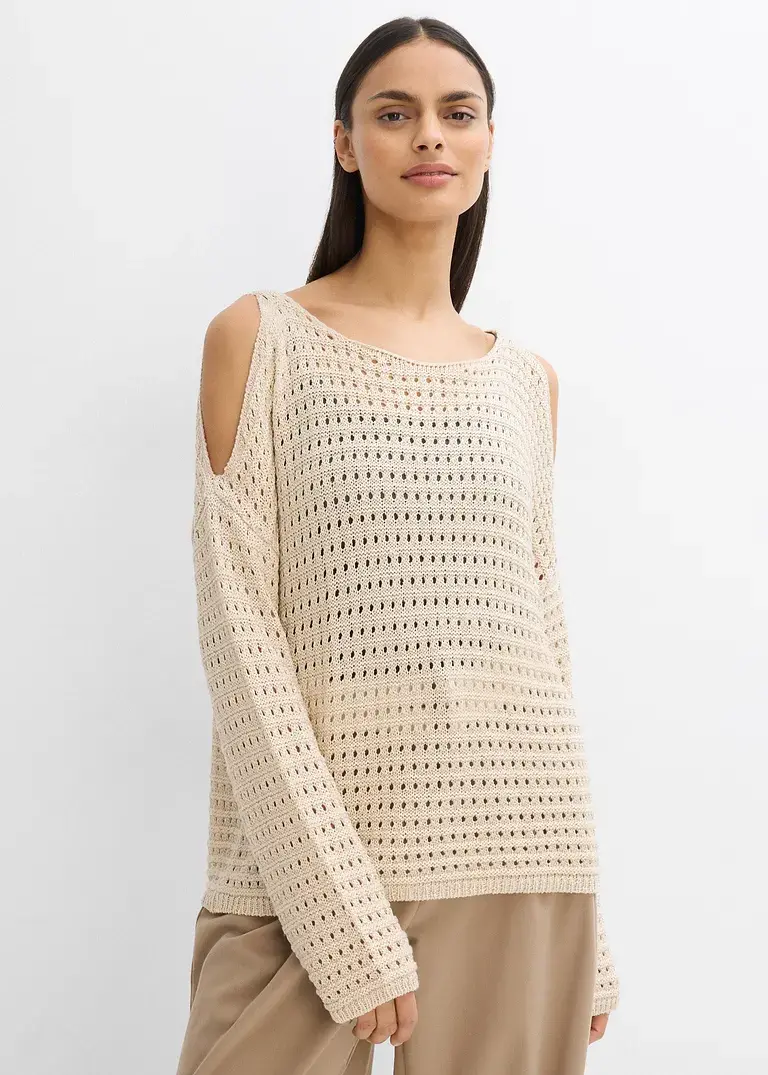 Bonprix Modischer Boxy-Pullover Aus Lochspitze Mit Cut-Outs - Beige