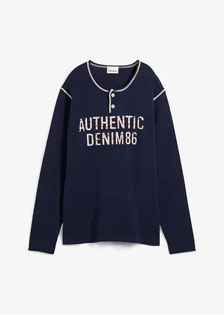 bonprix Modischer Feinstrick Henley-Pulli aus reiner Baumwolle - blau