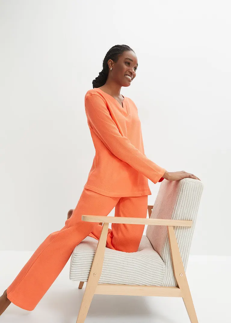 Bonprix Modischer Hausanzug Aus Baumwolle In Waffel-Optik - Lachsorange