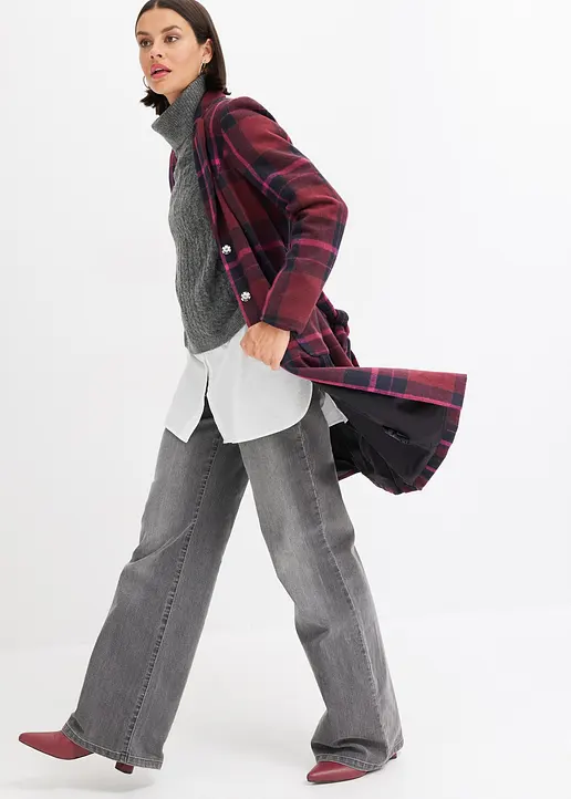 Bonprix Modischer Karierter Mantel Mit Bindeband In Der Taille Und Druckknopf-Verschluss Vorne