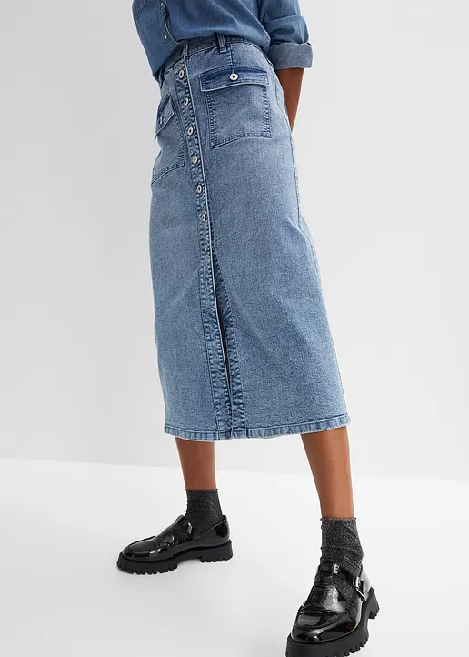 Bonprix Modischer Langer Jeansrock Mit Knopfleiste - Blau