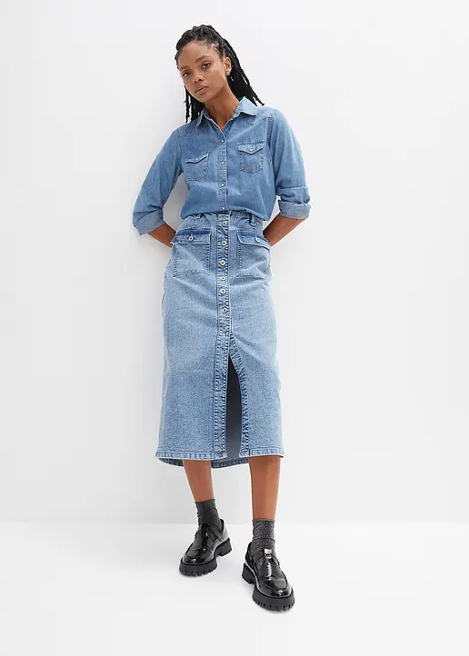 Bonprix Modischer Langer Jeansrock Mit Knopfleiste - Blau