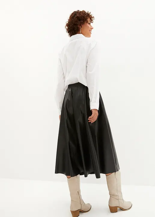 Bonprix Modischer Lederimitat-Midirock Mit Elastischem Bund - Schwarz