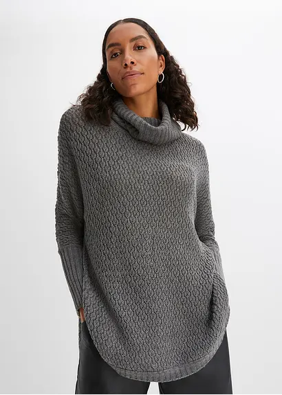 Bonprix Modischer Oversize-Pullover Mit Ajour-Muster Sowie Einem Großen Rollkragen Und Zwei Seitlichen Schlitzen