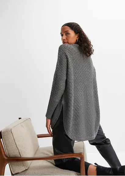 Bonprix Modischer Oversize-Pullover Mit Ajour-Muster Sowie Einem Großen Rollkragen Und Zwei Seitlichen Schlitzen