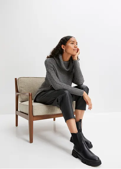 Bonprix Modischer Oversize-Pullover Mit Ajour-Muster Sowie Einem Großen Rollkragen Und Zwei Seitlichen Schlitzen