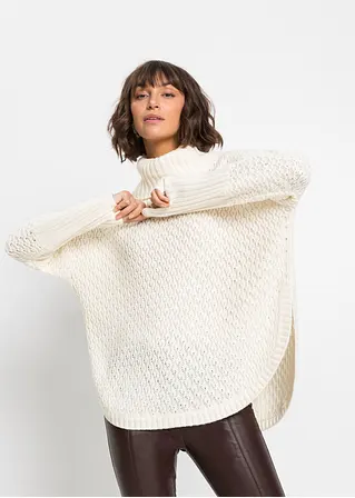 Bonprix Modischer Oversize-Pullover Mit Ajour-Muster Sowie Einem Großen Rollkragen Und Zwei Seitlichen Schlitzen