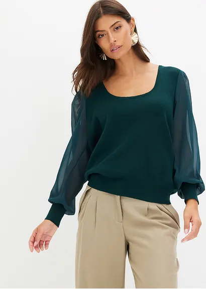 Bonprix Modischer Pullover Mit Chiffonärmeln - Grün - Damen