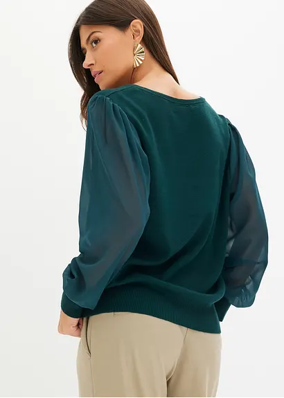 Bonprix Modischer Pullover Mit Chiffonärmeln - Grün - Damen