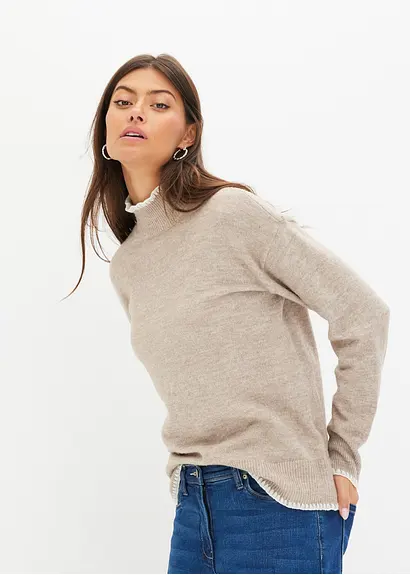 Bonprix Modischer Pullover Mit Häkel-Kante Am Ausschnitt Und Am Ärmelsaum