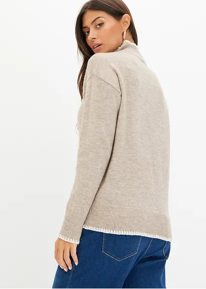 Bonprix Modischer Pullover Mit Häkel-Kante Am Ausschnitt Und Am Ärmelsaum
