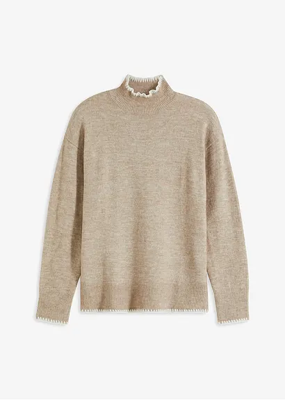 bonprix modischer Pullover mit Häkel-Kante am Ausschnitt und am Ärmelsaum
