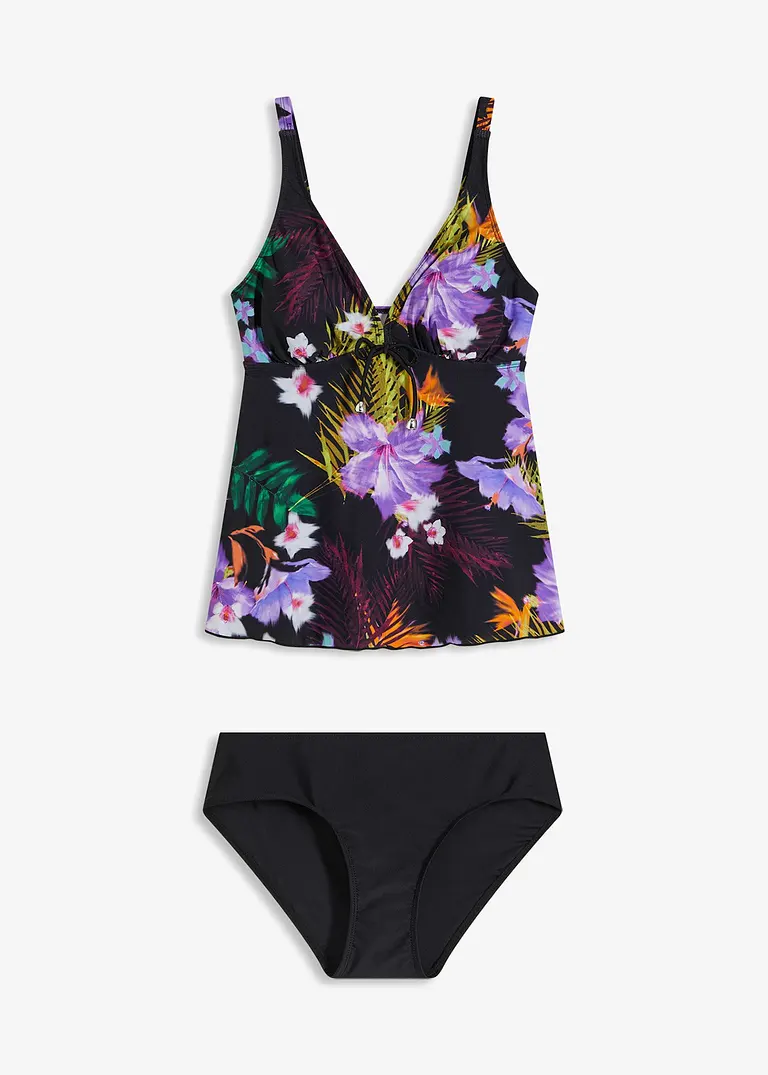 bonprix Modischer Tall Tankini mit Blumendruck - schwarz/lila geblümt