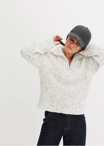 Bonprix Modischer Troyer-Pullover Mit überschnittener Schulter - Weiß