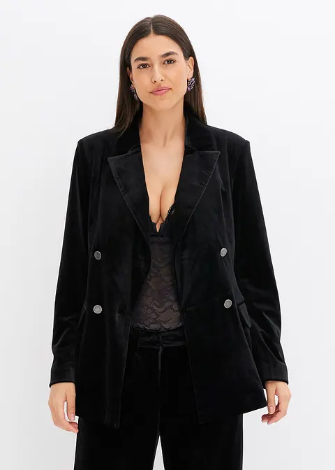 Bonprix Modischer Zweireihiger Blazer Aus Softem Samt - Schwarz - Damen