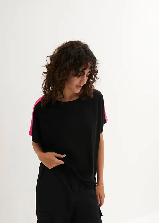 Bonprix Modisches Basic-Shirt Mit Neon-Detail - Schwarz - Damen
