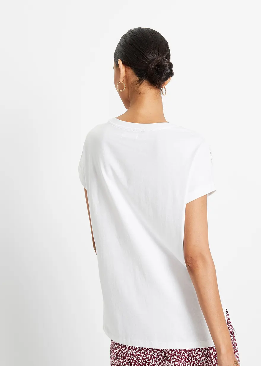 Bonprix Modisches Baumwollshirt Mit Spitzenbesatz An Den Schultern - Weiß