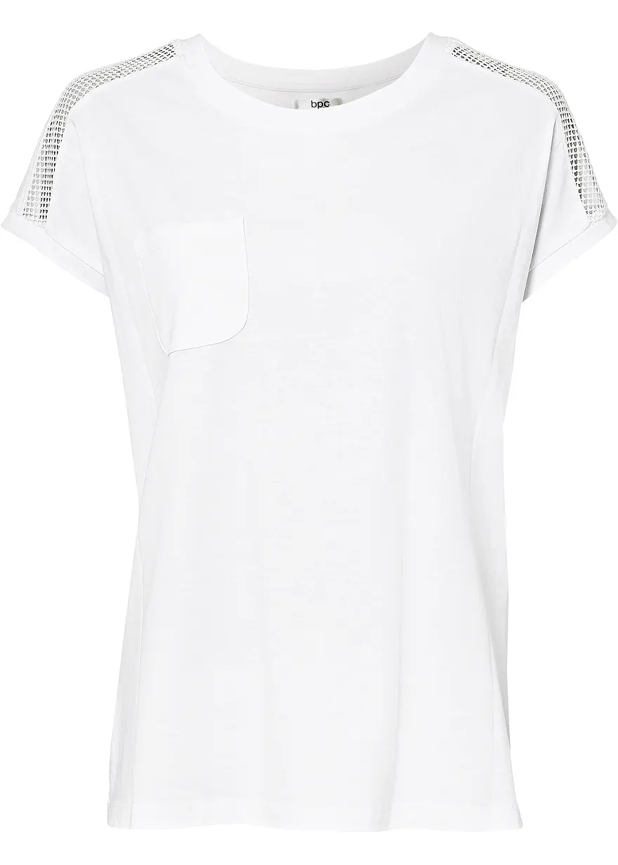 bonprix Modisches Baumwollshirt mit Spitzenbesatz an den Schultern - weiß