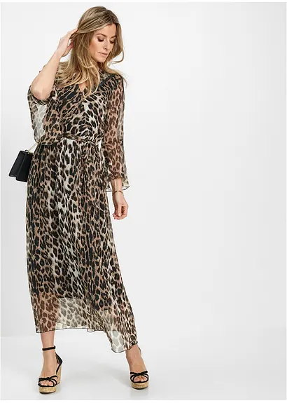 Bonprix Modisches Chiffon-Maxikleid Mit Bindeband - Beige