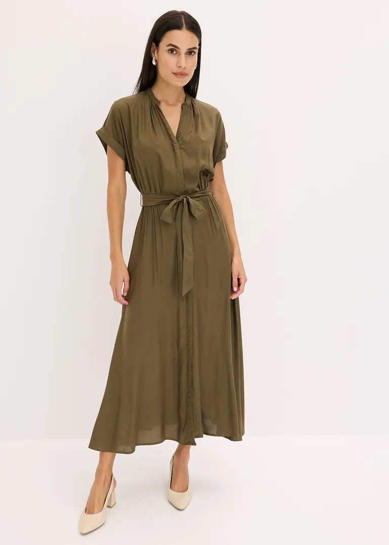 Bonprix Modisches Hemdblusenkleid Mit Bindeband Um Die Taille. - Grün