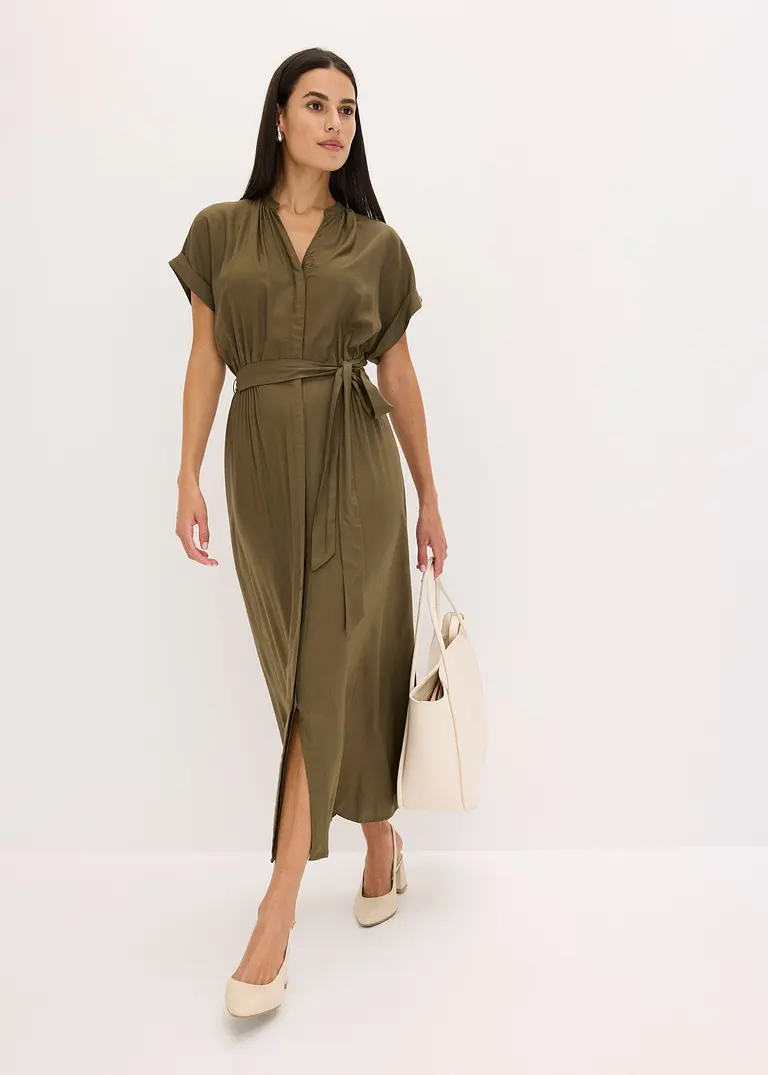Bonprix Modisches Hemdblusenkleid Mit Bindeband Um Die Taille. - Grün