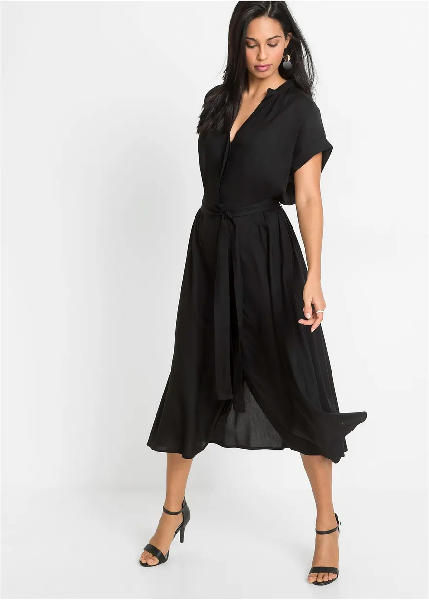 Bonprix Modisches Hemdblusenkleid Mit Bindeband Um Die Taille. - Schwarz