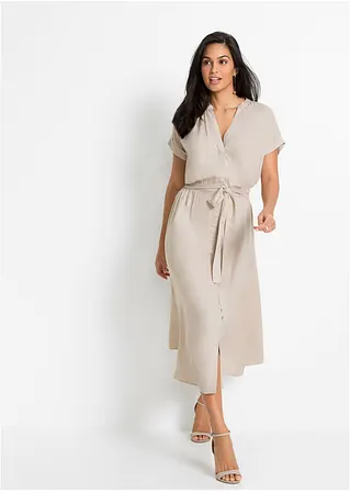Bonprix Modisches Hemdblusenkleid Mit Bindeband Um Die Taille. - Beige
