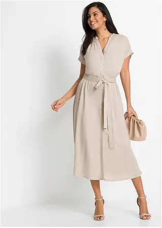 Bonprix Modisches Hemdblusenkleid Mit Bindeband Um Die Taille. - Beige