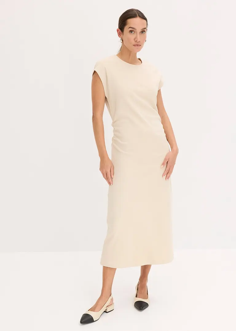 Bonprix Modisches Jerseykleid Mit Geraffter Taille - Beige